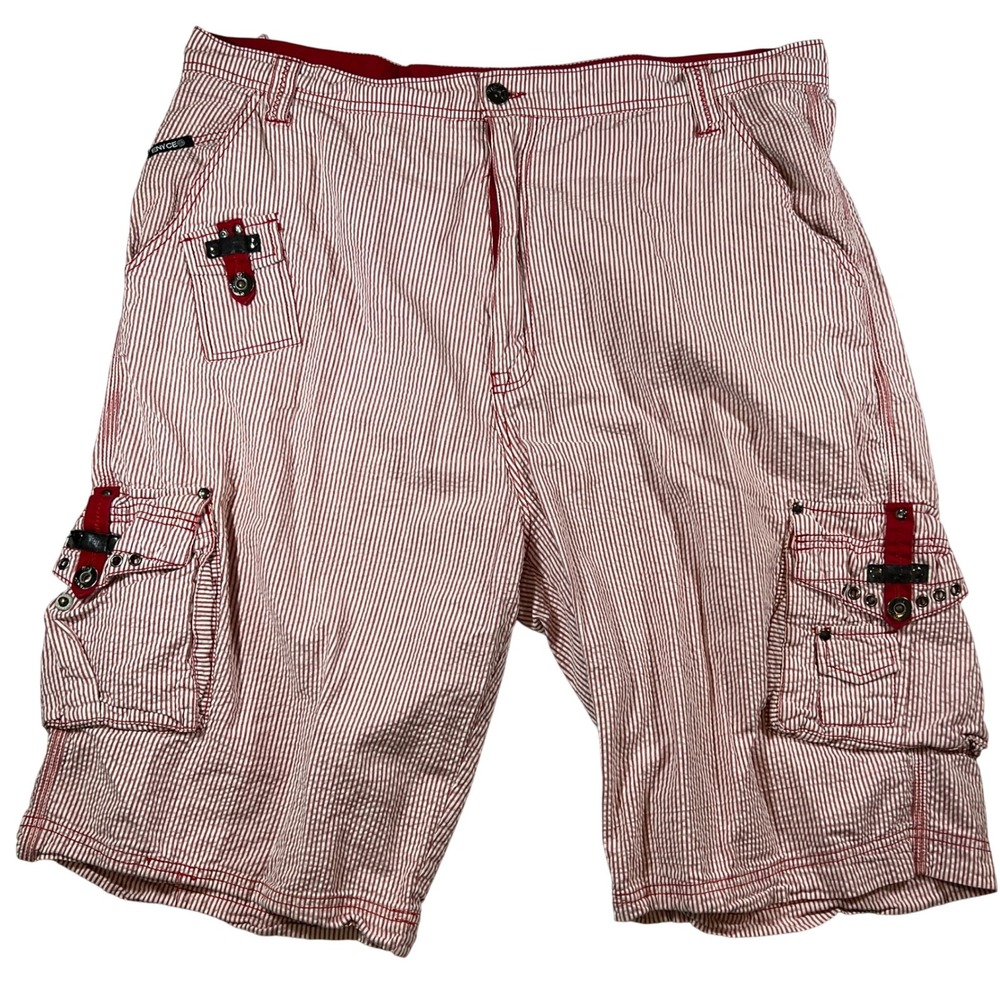 VTG Enyce Y2K Red White Seersucker Stripe Cargo Shorts Men 48 Hip Hop Streetwear